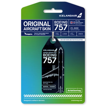 Aviationtag x Icelandair Hekla Aurora Boeing 757 TF-FIU Edition - black aircraft tag on cardboard