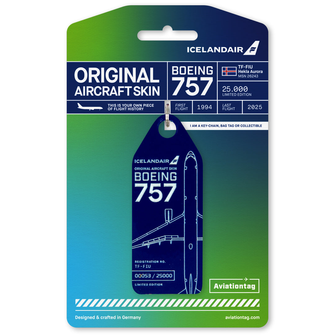 Aviationtag x Icelandair Hekla Aurora Boeing 757 TF-FIU Edition - Dark Blue aircraft tag on cardboard