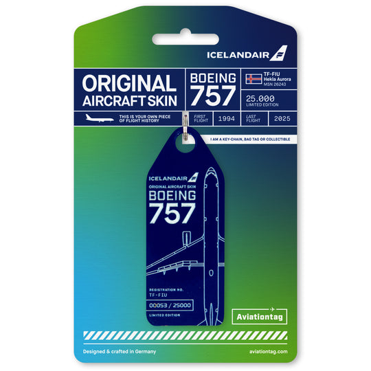 Aviationtag x Icelandair Hekla Aurora Boeing 757 TF-FIU Edition - Dark Blue aircraft tag on cardboard