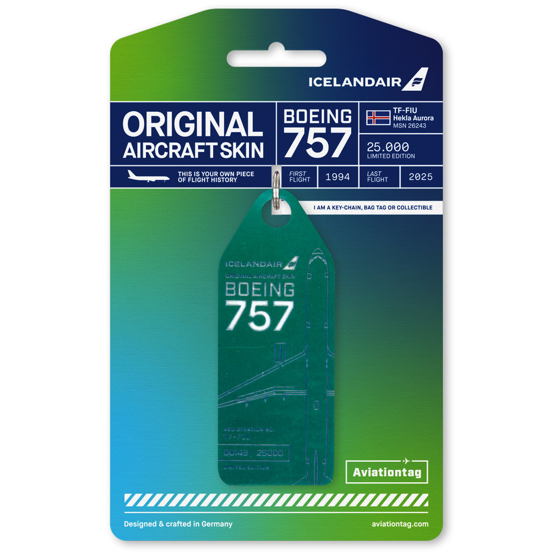 Aviationtag x Icelandair Hekla Aurora Boeing 757 TF-FIU Edition - dark green aircraft tag variant on cardboard