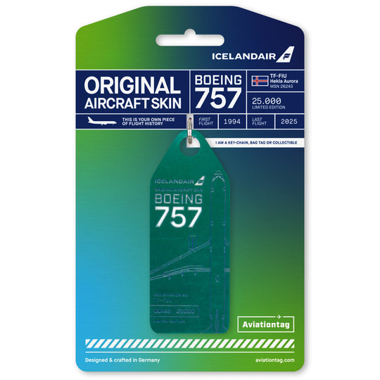 Aviationtag x Icelandair Hekla Aurora Boeing 757 TF-FIU Edition - dark green aircraft tag variant on cardboard