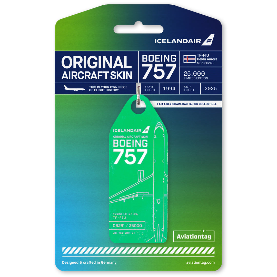 Aviationtag x Icelandair Hekla Aurora Boeing 757 TF-FIU Edition -light green aircraft tag on packaging