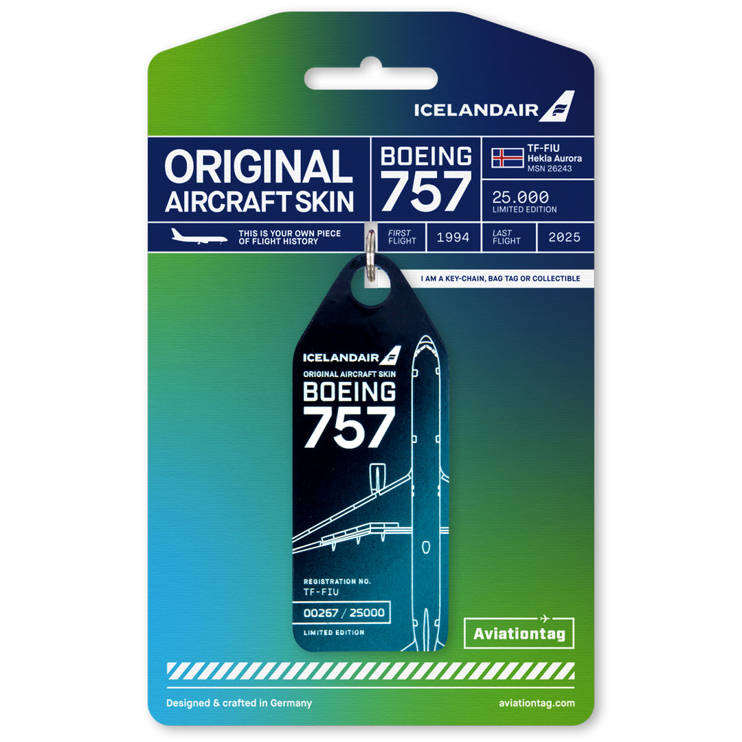 Aviationtag x Icelandair Hekla Aurora Boeing 757 TF-FIU Edition - Mountain Dust variant aircraft tag on packaging
