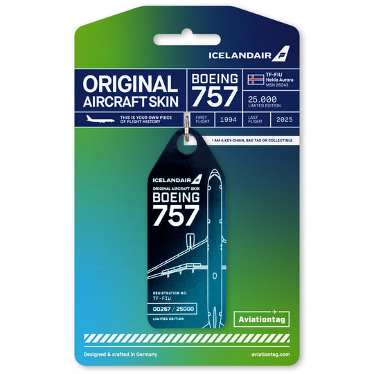 Aviationtag x Icelandair Hekla Aurora Boeing 757 TF-FIU Edition - Mountain Dust variant aircraft tag on packaging