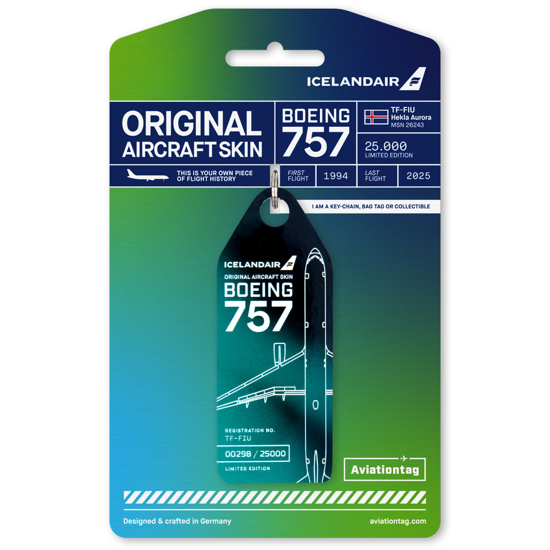 Aviationtag x Icelandair Hekla Aurora Boeing 757 TF-FIU Edition - Mountain Dust aircraft tag on packaging