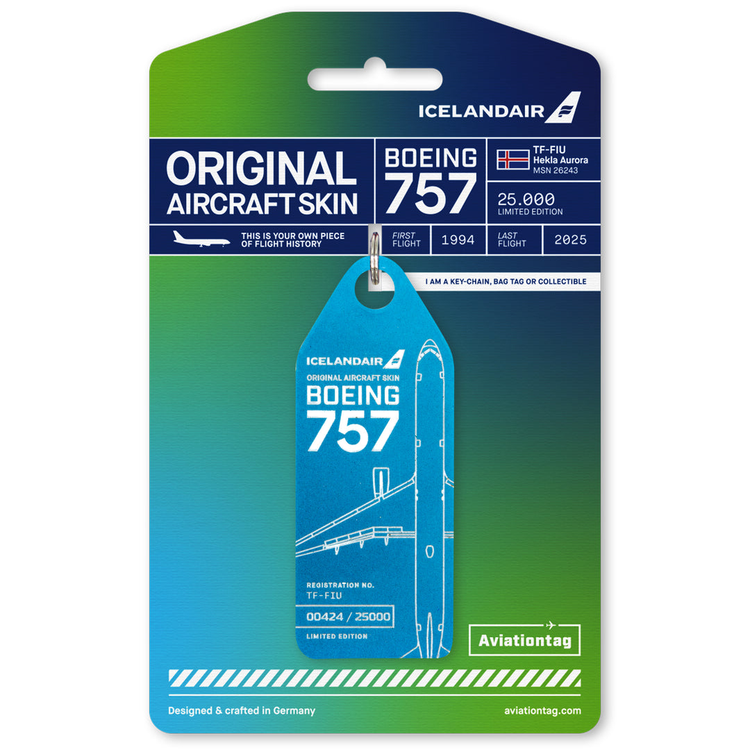 Aviationtag x Icelandair Hekla Aurora Boeing 757 TF-FIU Edition - petrol variant of aircraft tag on cardboard