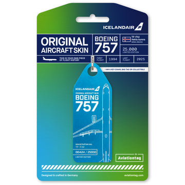 Aviationtag x Icelandair Hekla Aurora Boeing 757 TF-FIU Edition - petrol variant of aircraft tag on cardboard