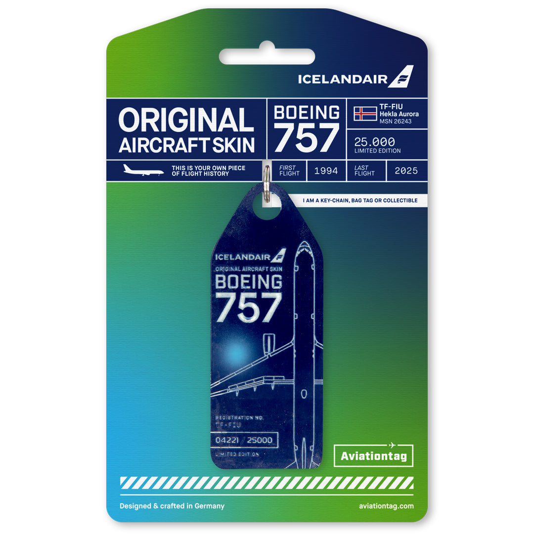 Aviationtag x Icelandair Hekla Aurora Boeing 757 TF-FIU Edition - one aurora star variant aircraft tag on packaging