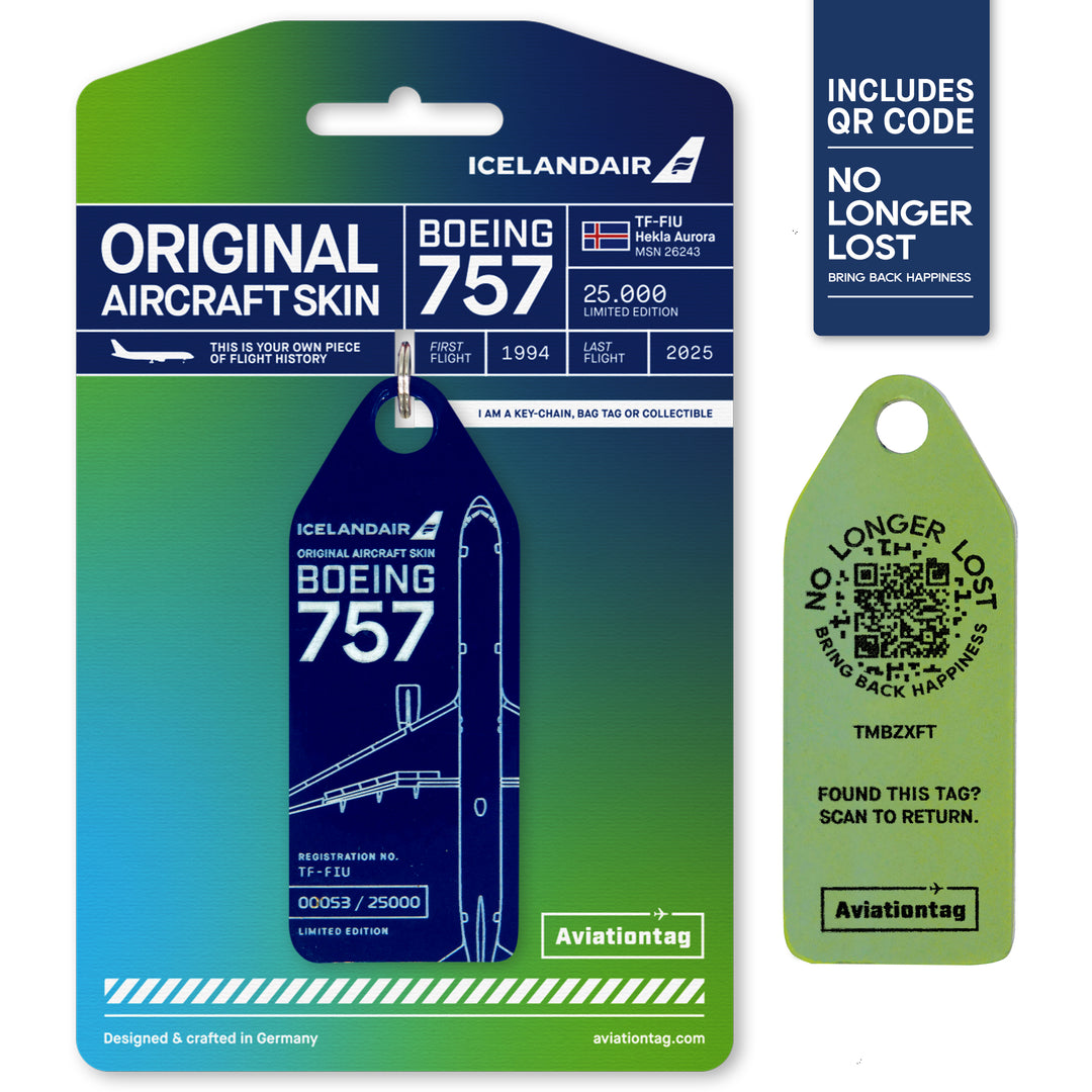 Aviationtag x Icelandair Hekla Aurora Boeing 757 TF-FIU Edition - dark blue variant with Nolongerlost QR Code aircraft tag on cardboard