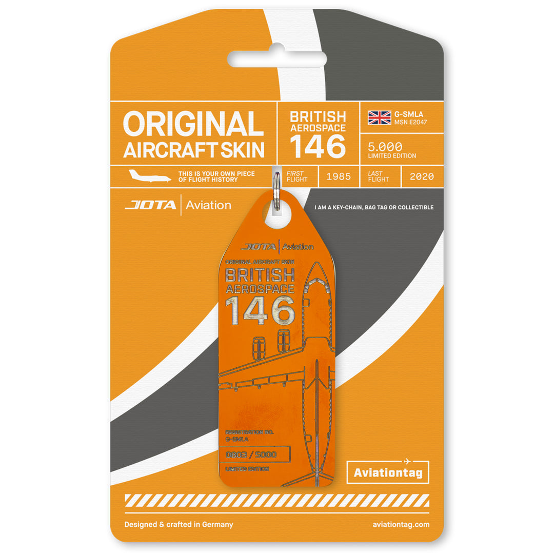 Jota Aviation BAe 146 G-SMLA Orange Plane Tag with cardboard