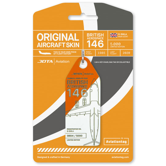Jota Aviation BAe 146 G-SMLA Orange/White Plane Tag with cardboard