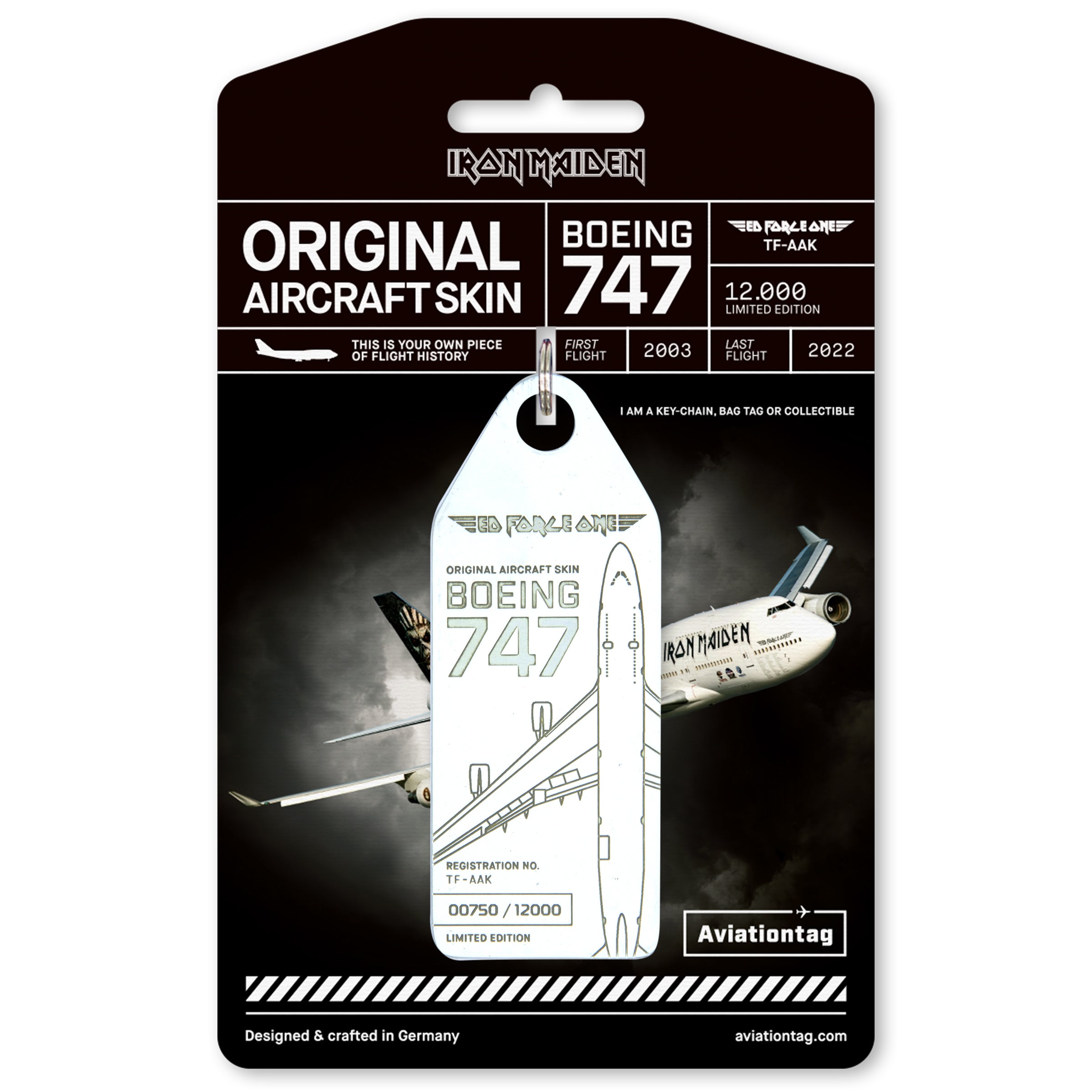 Aviationtag x Iron Maiden Ed Force One Edition Boeing 747 TF-AAK Aircraft Tag - White tag with cardboard