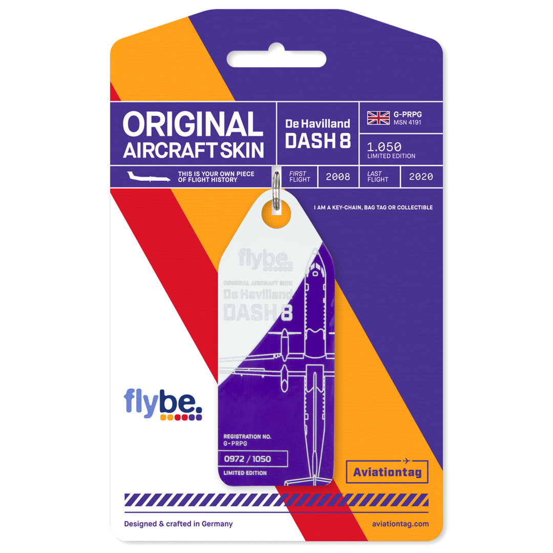 Aviationtag Flybe Tribute Edition Dash 8 G-PRPG aircraft tag purple white on packaging