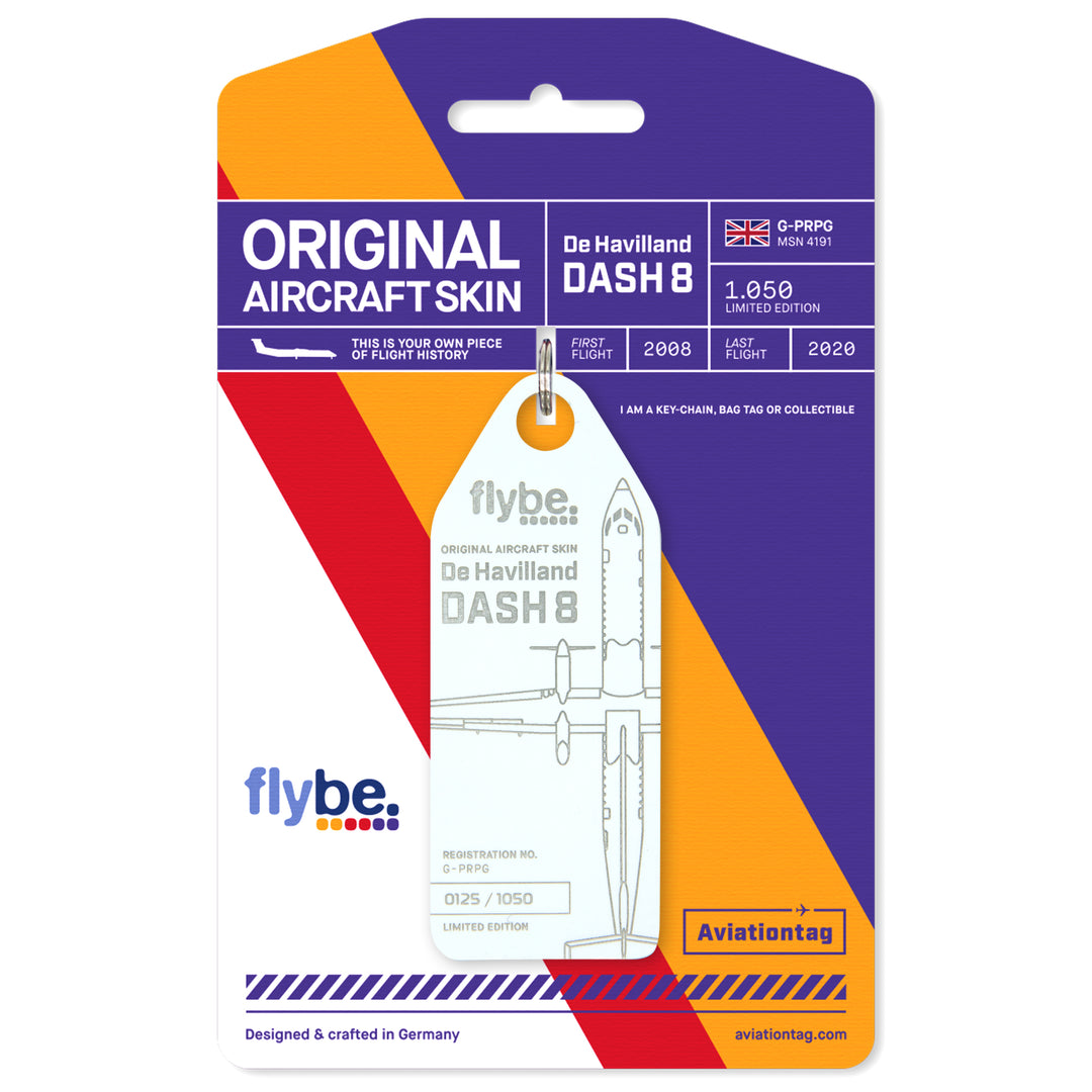 Aviationtag Flybe Tribute Edition Dash 8 G-PRPG aircraft tag white on cardboard packaging