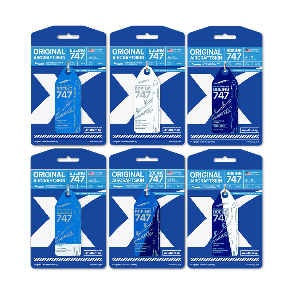 Aviationtag Boeing 747 VQ-BWM / PH-BFV Edition aircraft tags - collage of all color variations 