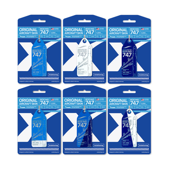 Aviationtag Boeing 747 VQ-BWM / PH-BFV Edition aircraft tags - collage of all color variations 