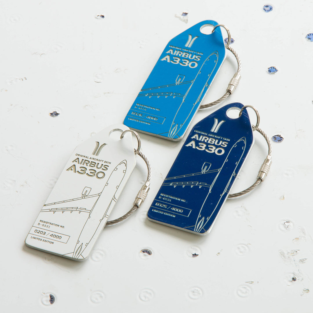 Aviationtag made from China Southern Airbus A330-200 B-6531 fuselage – upcycled aircraft skin, limited edition plane tag, aviation memorabilia. Trio with light blue, dark blue and white aircraft tag