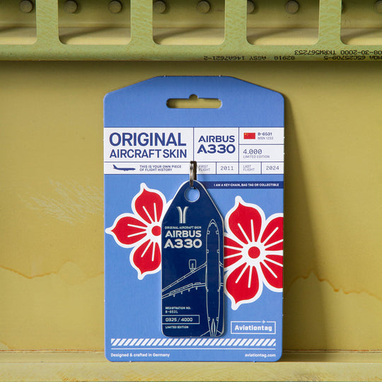 Aviationtag made from China Southern Airbus A330-200 B-6531 fuselage – upcycled aircraft skin, limited edition plane tag, aviation memorabilia. Dark blue aircraft tag on piece of aircraft 
