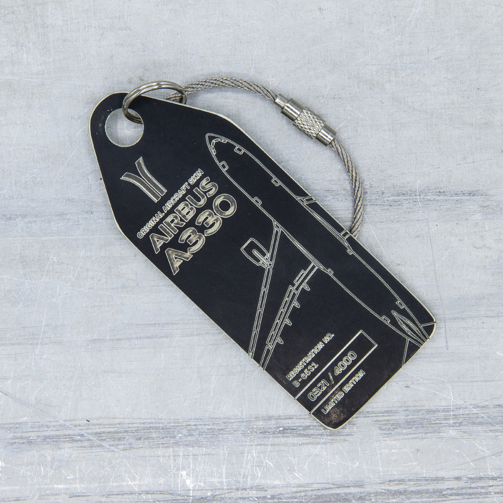 Aviationtag made from China Southern Airbus A330-200 B-6531 fuselage – upcycled aircraft skin, limited edition plane tag, aviation memorabilia. Black aircraft tag 