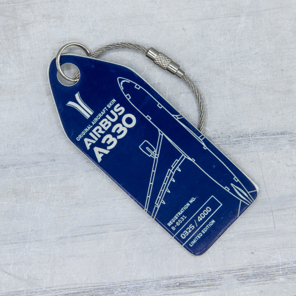 Aviationtag made from China Southern Airbus A330-200 B-6531 fuselage – upcycled aircraft skin, limited edition plane tag, aviation memorabilia. Dark blue aircraft tag 