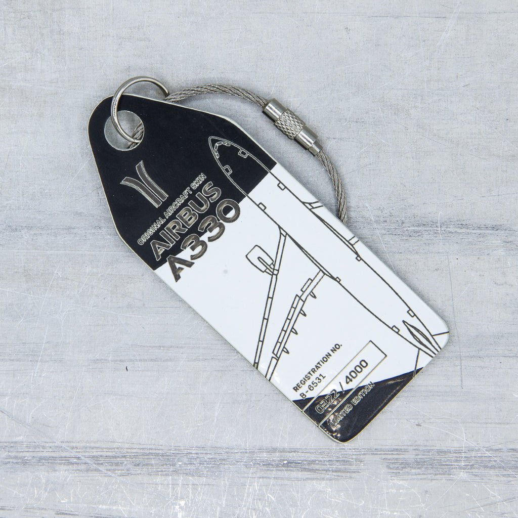 Aviationtag made from China Southern Airbus A330-200 B-6531 fuselage – upcycled aircraft skin, limited edition plane tag, aviation memorabilia. Black and white aircraft tag