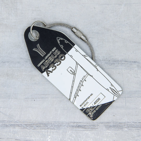 Aviationtag made from China Southern Airbus A330-200 B-6531 fuselage – upcycled aircraft skin, limited edition plane tag, aviation memorabilia. Black and white aircraft tag