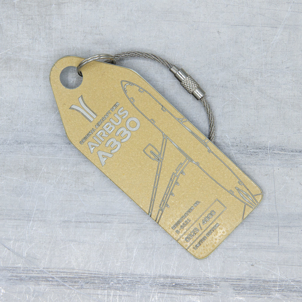 Aviationtag made from China Southern Airbus A330-200 B-6531 fuselage – upcycled aircraft skin, limited edition plane tag, aviation memorabilia. Gold  aircraft tag