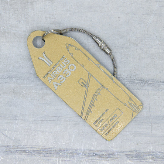 Aviationtag made from China Southern Airbus A330-200 B-6531 fuselage – upcycled aircraft skin, limited edition plane tag, aviation memorabilia. Gold  aircraft tag