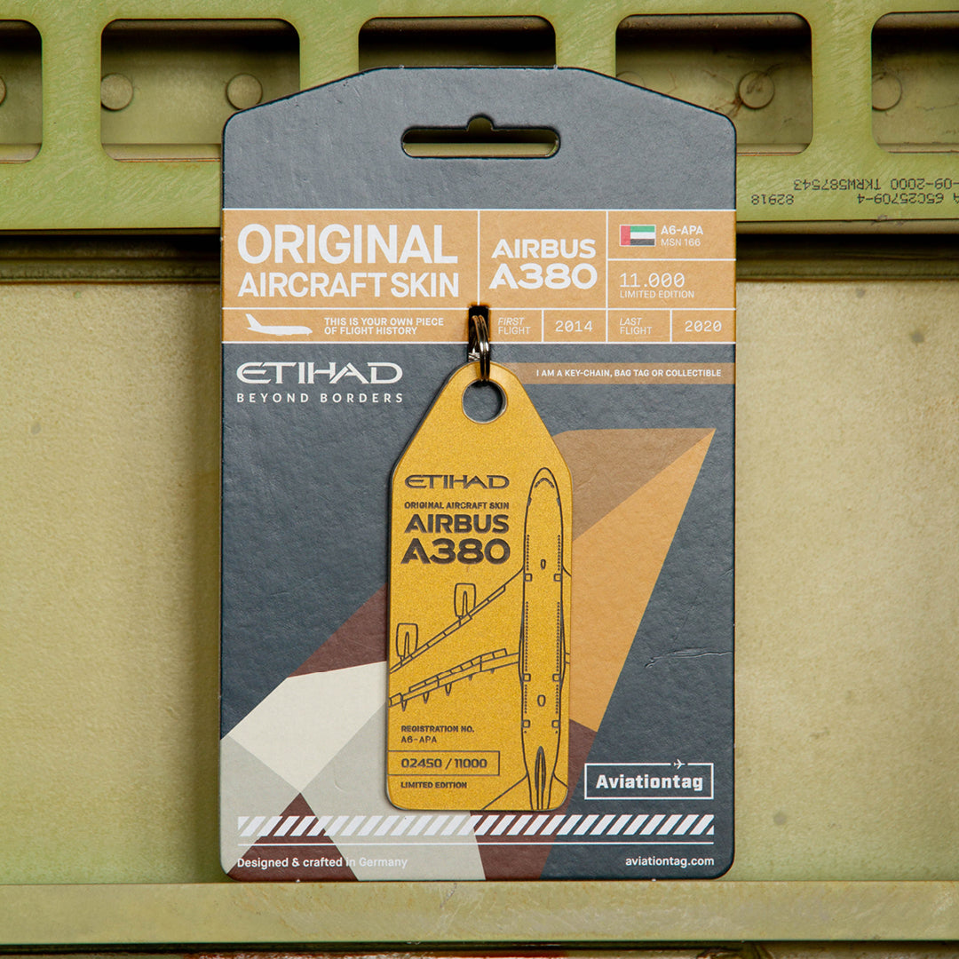 Aviationtag x Etihad: Airbus A380 A6-APA Gold aircraft tag on an aircraft panel