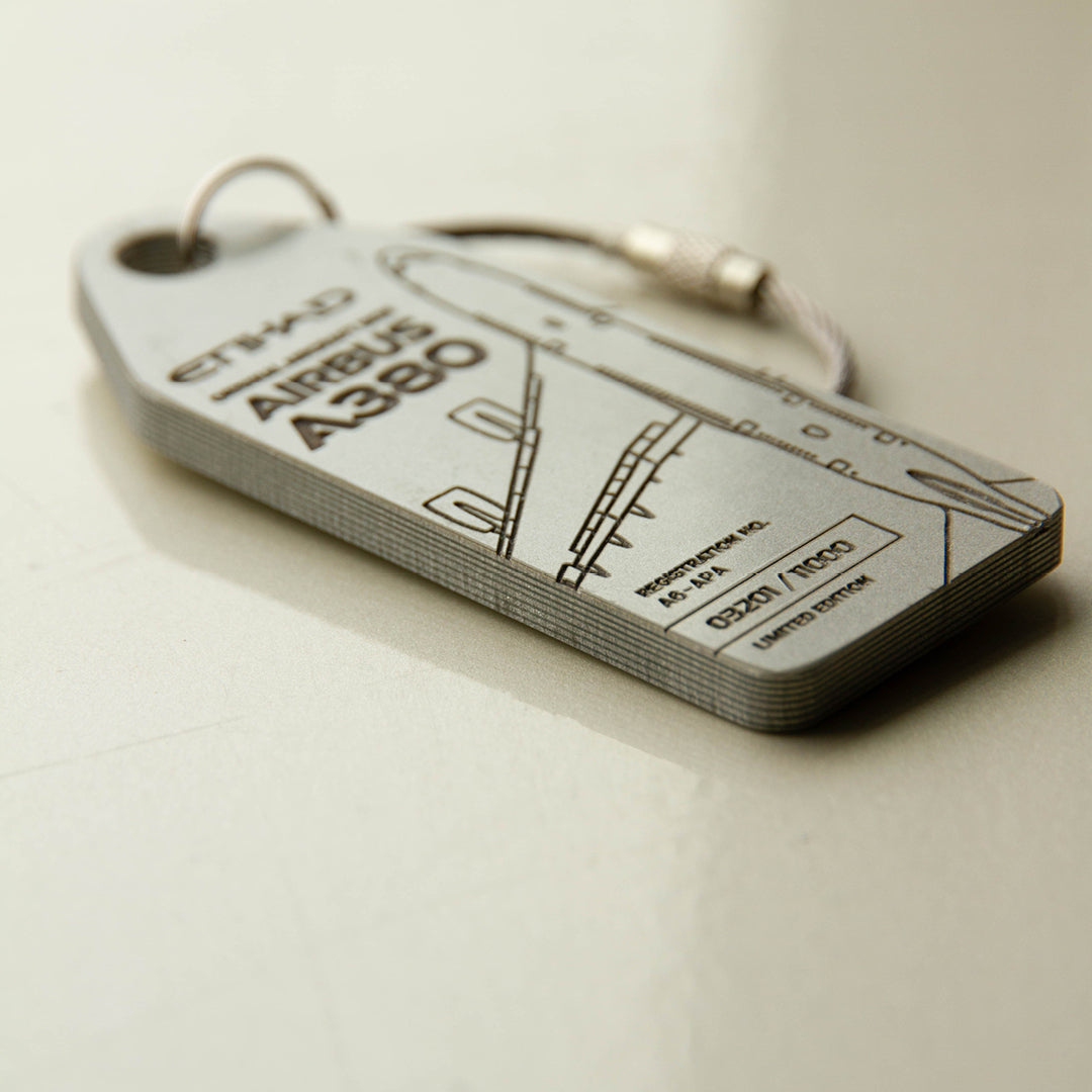Aviationtag x Etihad Edition: Airbus A380 A6-APA Glare Grey aircraft tag from the side showing the different layers