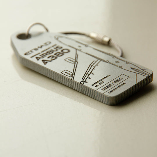 Aviationtag x Etihad Edition: Airbus A380 A6-APA Glare Grey aircraft tag from the side showing the different layers