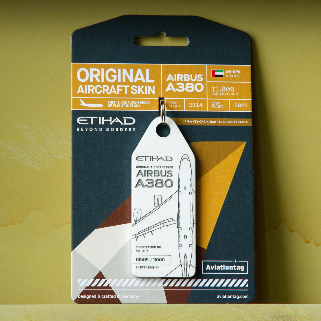 Aviationtag x Etihad Airbus A380 Plane Tag Edition A6-APA White Aircraft Tag on plane panels backside
