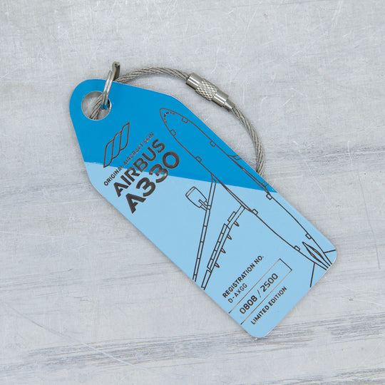 Aviationtag Airbus A330 D-AXGG Eurowings and Turkish Airlines Edition - Photo of bicolored dark blue / light blue  aircraft tag with no cardboard