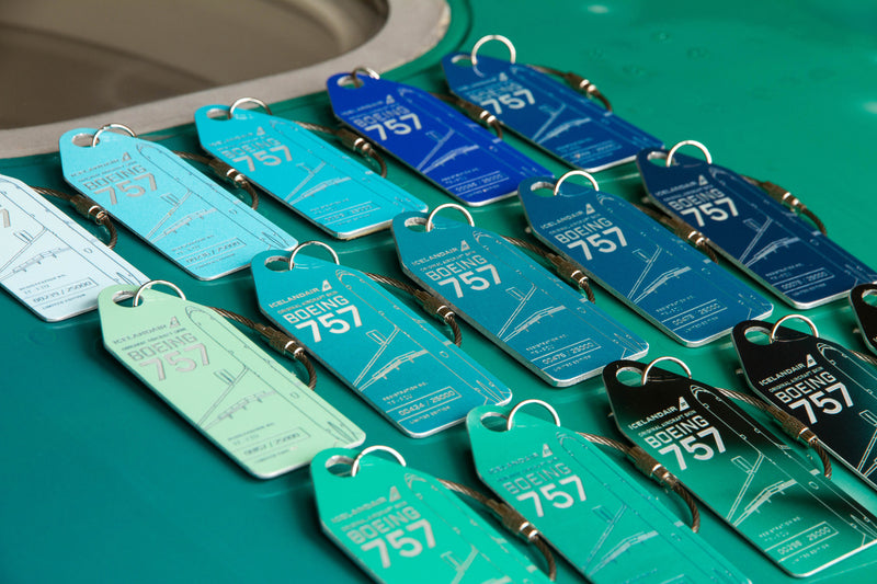 Aviationtag x Icelandair Hekla Aurora Boeing 757 Edition Image showing some of the various colored plane tags of this edition