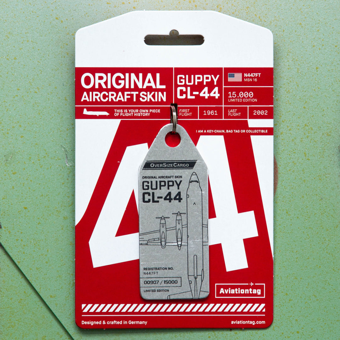 Conroy Skymonster CL44 Guppy Aviationtag Edition Silver - Aircraft tag with cardboard on a piece of plane fuselage