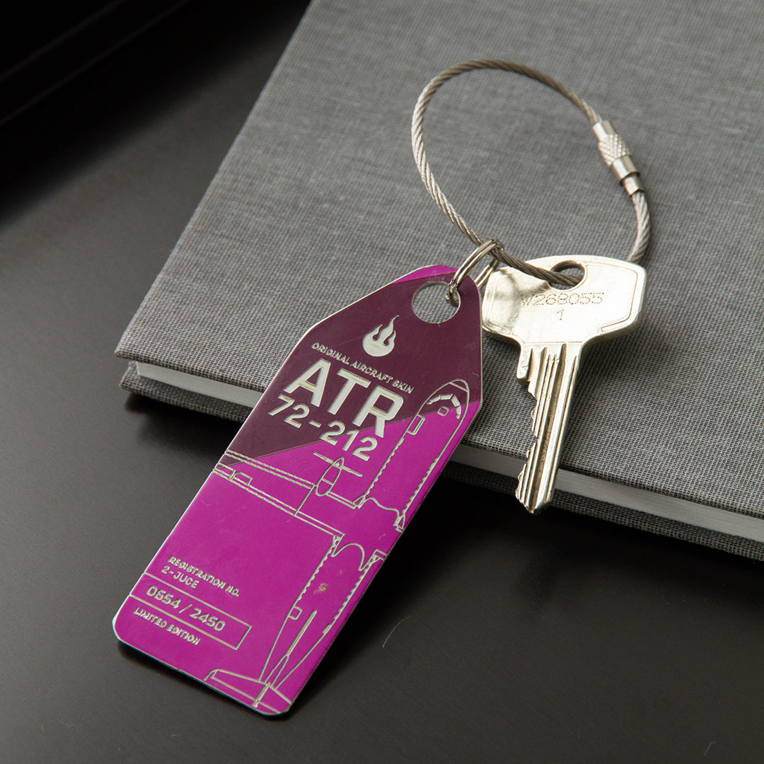 Aviationtag Edition Hunnu Air ATR 72-212 2-JUCE Aircraft Tag Violet/Purple on a key chain