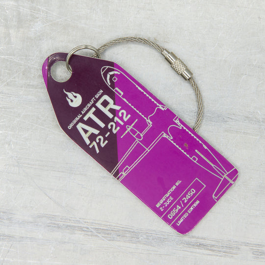 Aviationtag Edition Hunnu Air ATR 72-212 2-JUCE Aircraft Tag Violet/Purple close up front