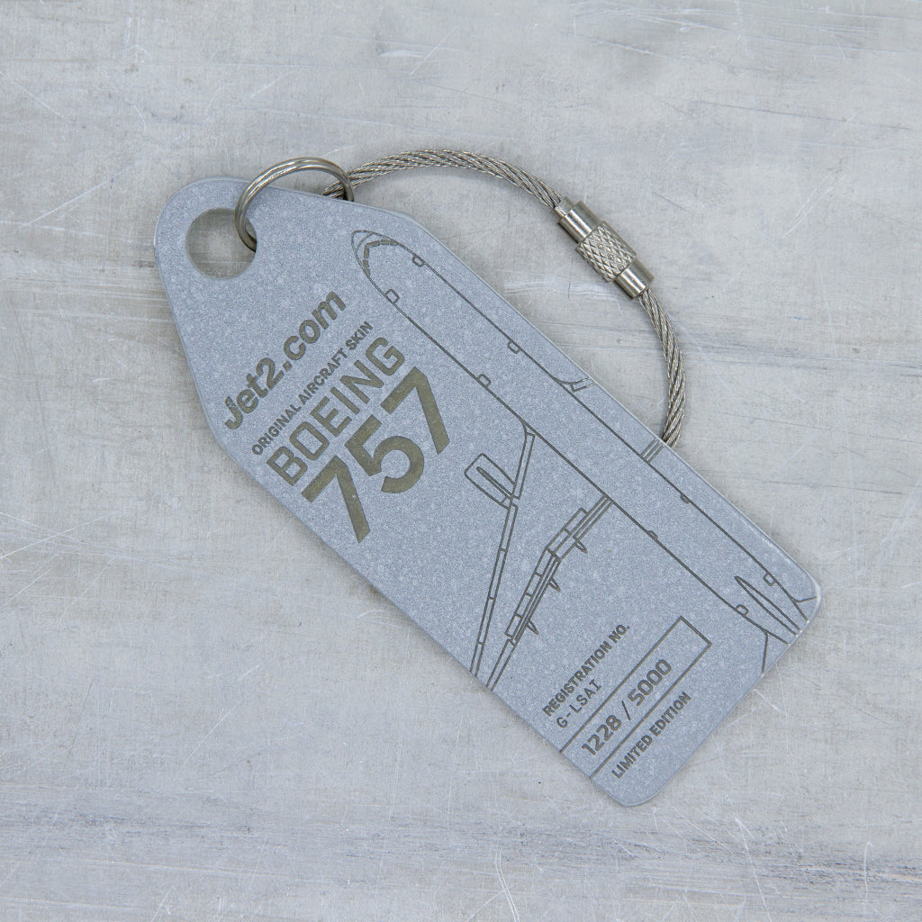 Front view of Aviationtag x Jet2 Boeing 757 aircraft tag from G-LSAI