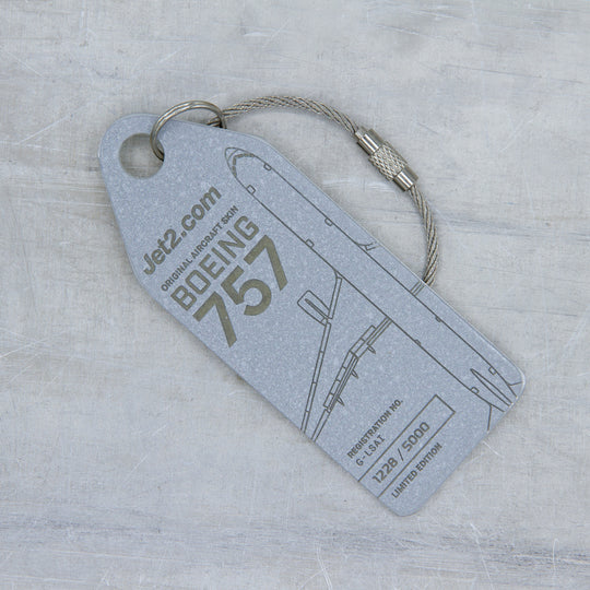 Front view of Aviationtag x Jet2 Boeing 757 aircraft tag from G-LSAI