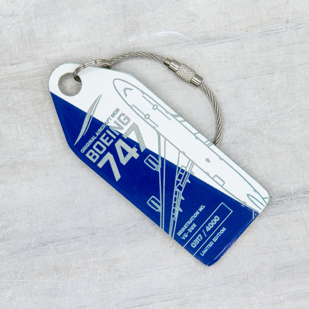 Aviationtag Boeing 747 VQ-BWM / PH-BFV Edition aircraft tags ex-KLM and JetOneX- Dark blue/white plane tag with key-chain