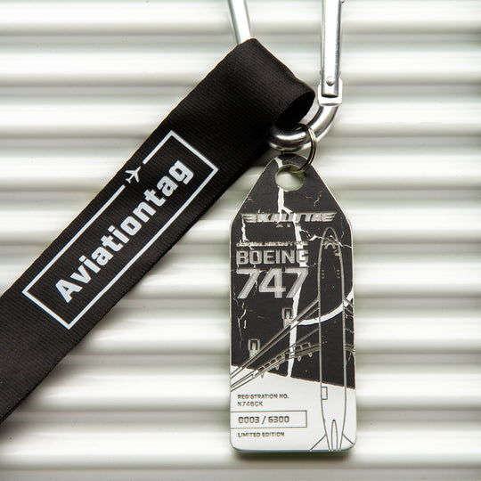 Aviationtag x Kalitta Air Boeing 747-200F N746CK Aircraft Tag Edition - Black and white mood photo on suitcase