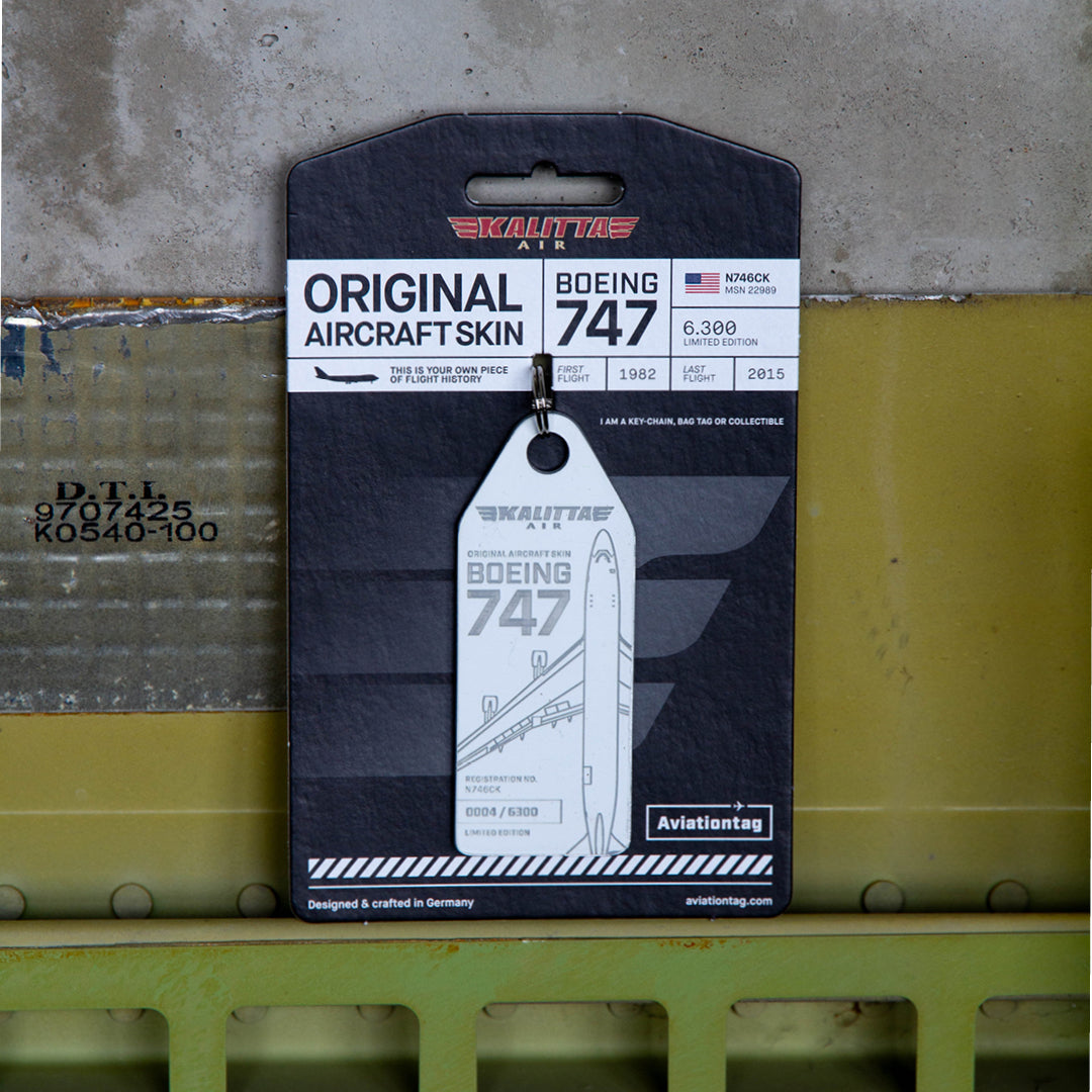 Aviationtag x Kalitta Air Boeing 747-200F Aircraft Tag Edition White plane tag with packaging on aircraft panel