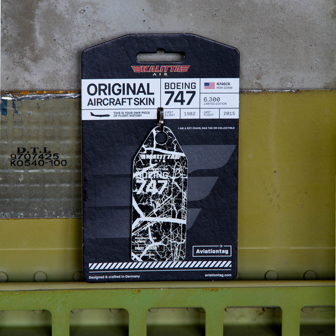 Aviationtag x Kalitta Air Boeing 747-200F Aircraft Tag Edition Black Marble with Packaging on aircraft panel