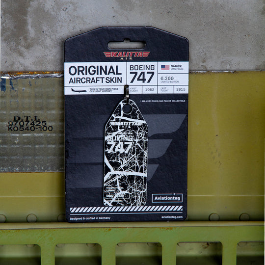 Aviationtag x Kalitta Air Boeing 747-200F Aircraft Tag Edition Black Marble with Packaging on aircraft panel