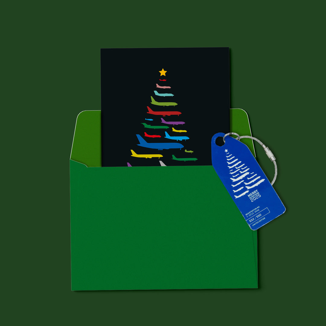 Aviationtag Christmas 2025 aircraft tag Edition made from Boing 747 F-GTUI. Tag on card with green envelope