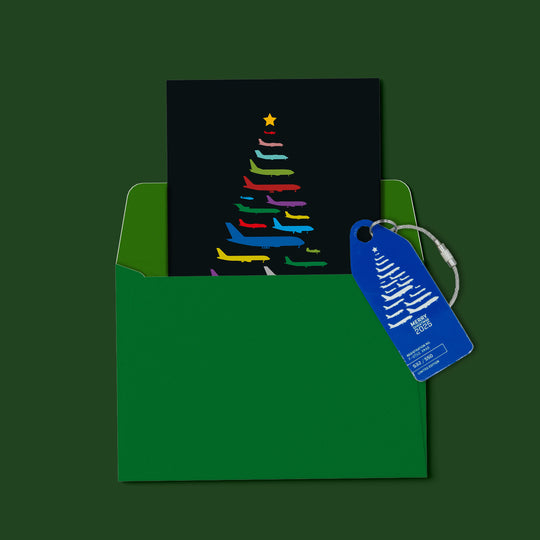 Aviationtag Christmas 2025 aircraft tag Edition made from Boing 747 F-GTUI. Tag on card with green envelope