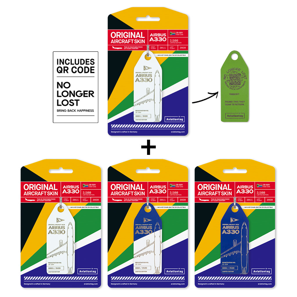 Aviationtag Collector Set: 4x A330 ZS-SXV + QR – South African Airways