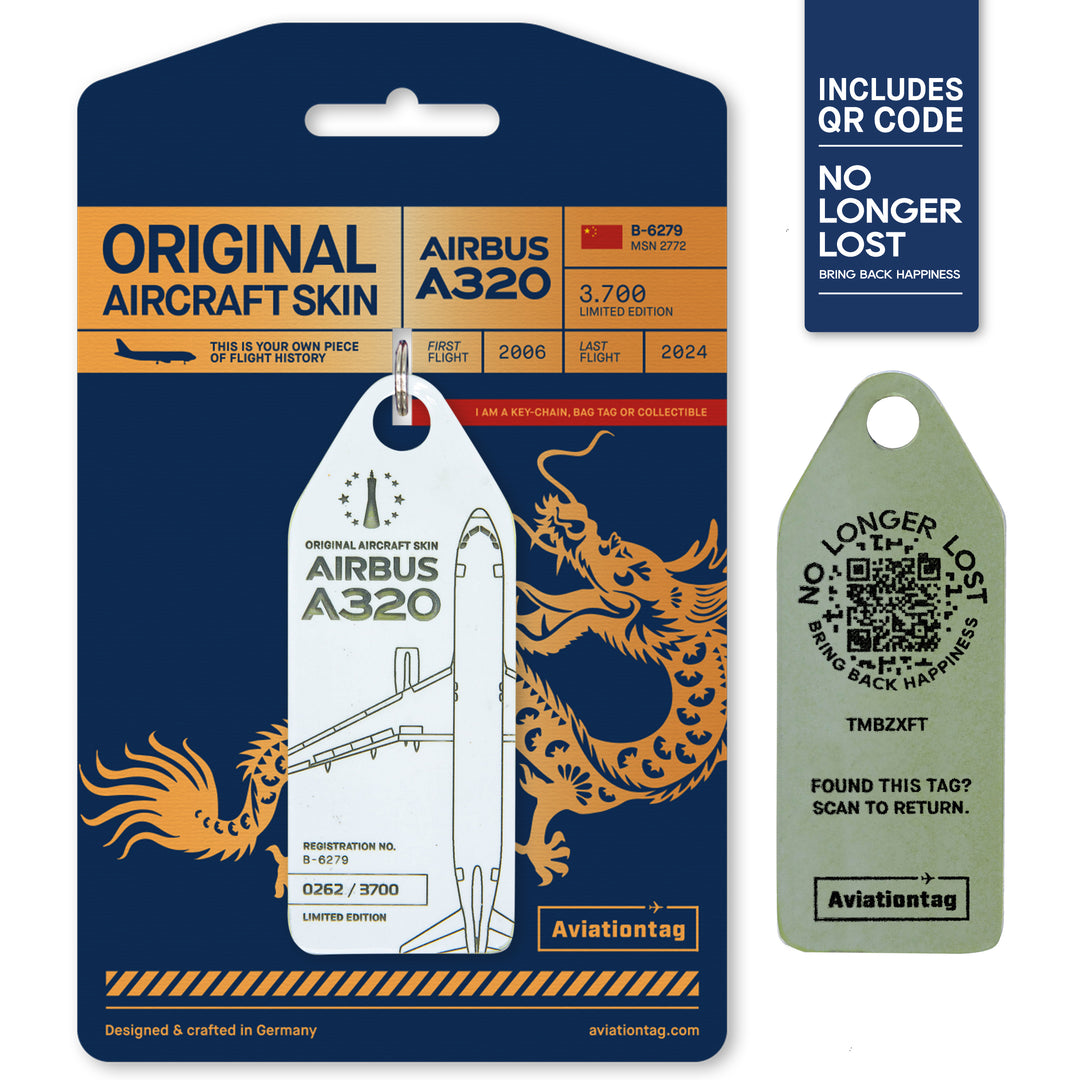 Aviationtag B-6279 Airbus A320 Edition China Southern Airlines white aircraft tag including NoLongerLost QR Code with packaging