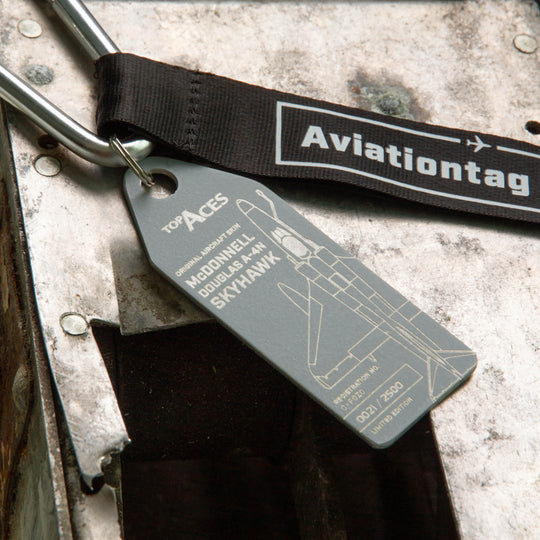 Aviationtag x Top Aces McDonnell Douglas A-4 Skyhawk Edition C-FGZO plane tag close up mood with lanyard